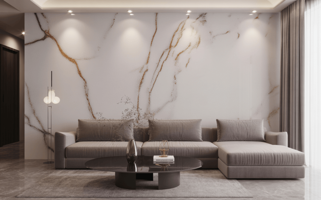 Elegant luxury 3d wallpaper for living room with marble effect and soft lighting