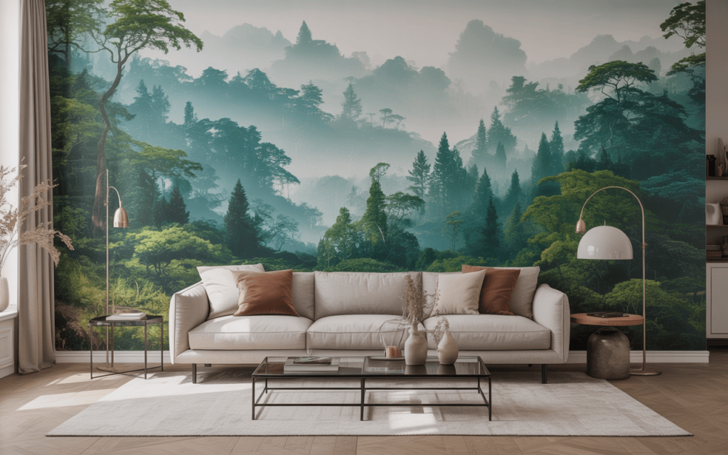 Immersive 3d wallpaper for living room with lush green forest mural design