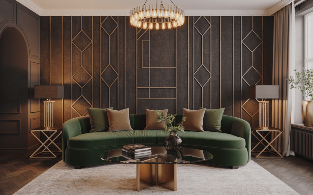 Chic wallpaper decor for living room with gold geometric patterns and dark tones