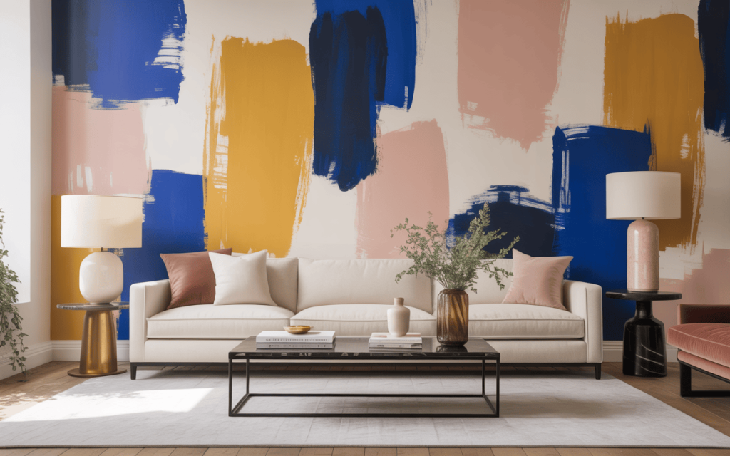 Abstract modern wallpaper for living room with bold blue, mustard and blush design