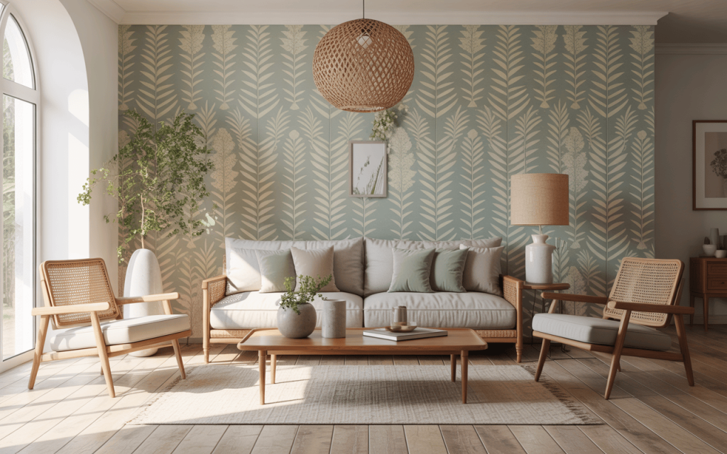 Elegant modern wallpaper for living room with leafy patterns and cozy wooden décor