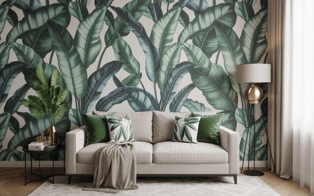Vibrant living room wallpaper ideas with bold tropical leaf prints and cozy décor