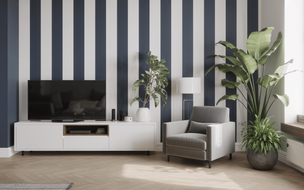 Striped modern wallpaper for living room with bold blue and white vertical patterns