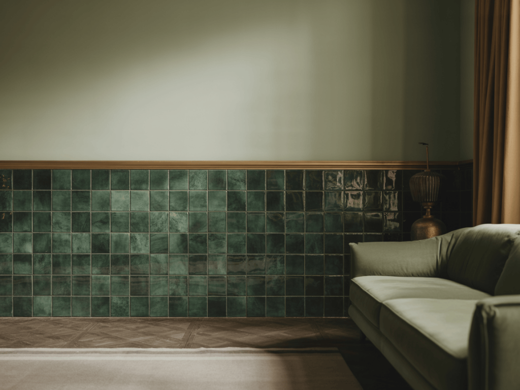 Elegant half wall tiles design for living room with glossy green finish