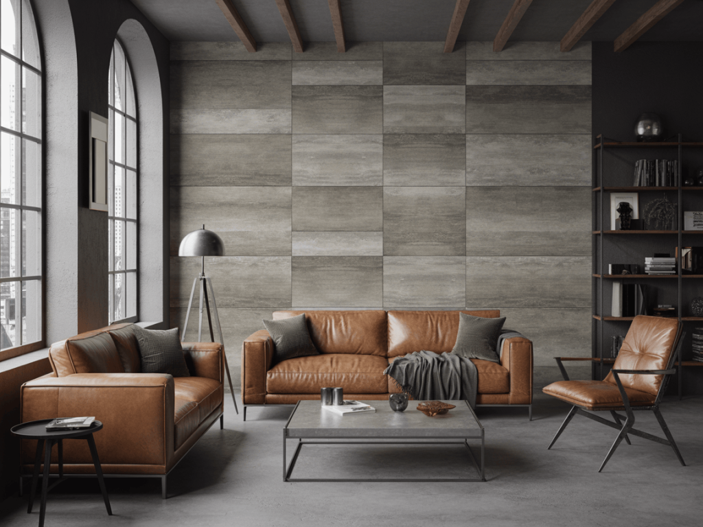 Modern wall tiles design for living room with leather sofas and cozy setup