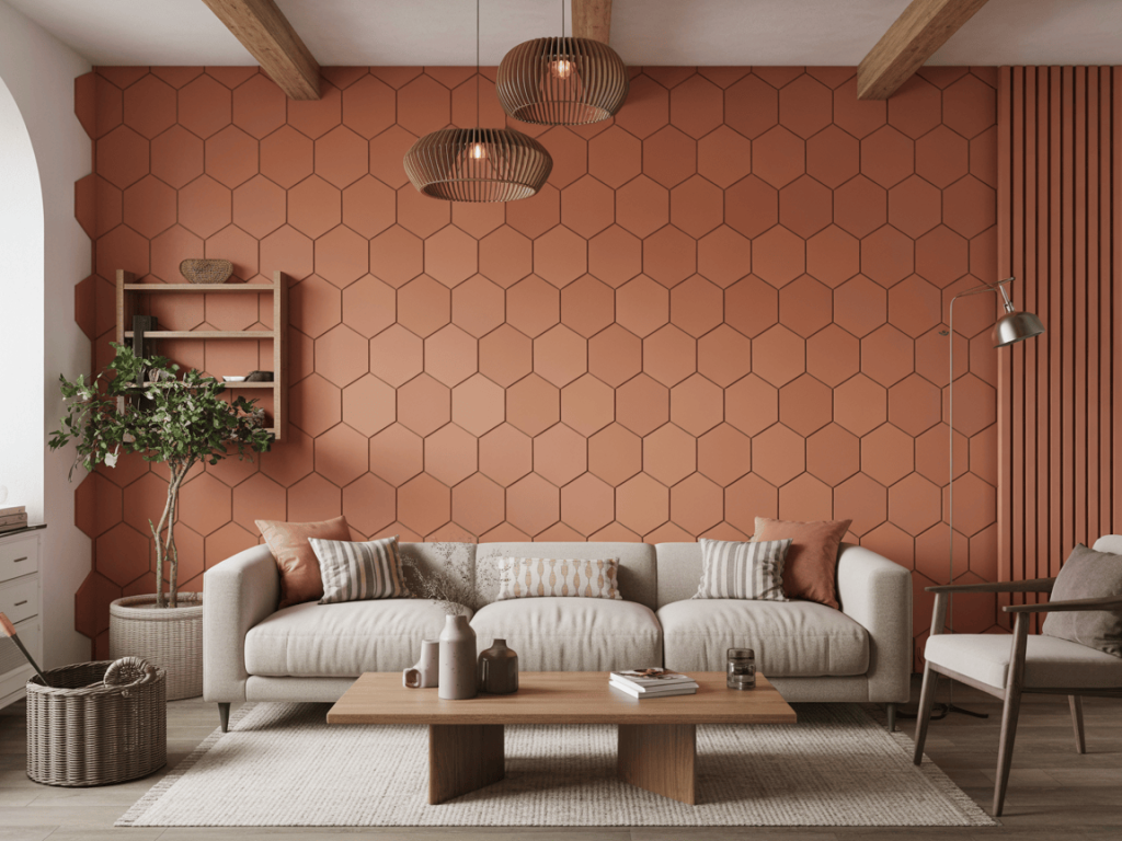 Warm simple wall tiles design for living room with terracotta hexagonal style