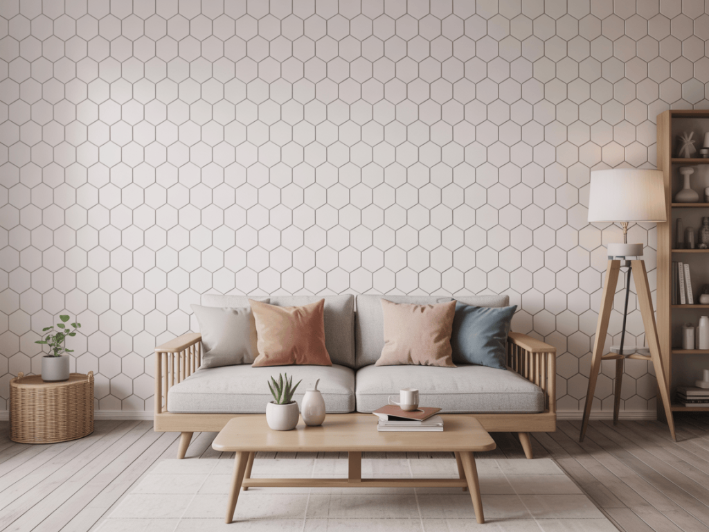 Cozy white wall tiles design for living room with wooden sofa and soft décor