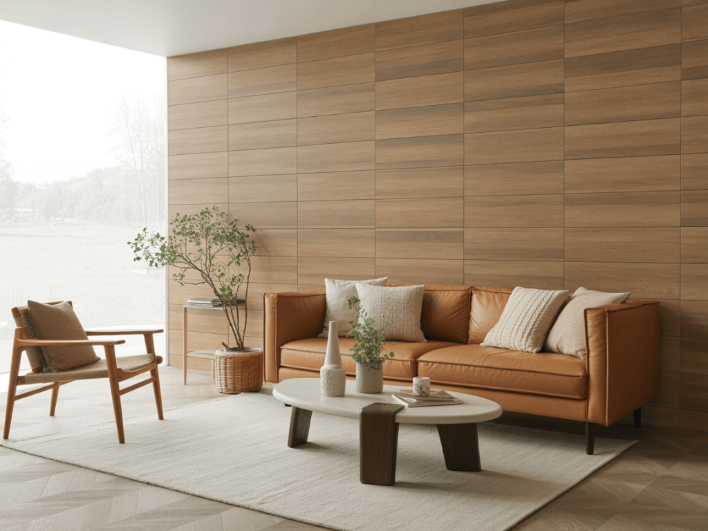 Enhance elegance with wooden wall tiles design for living room interiors