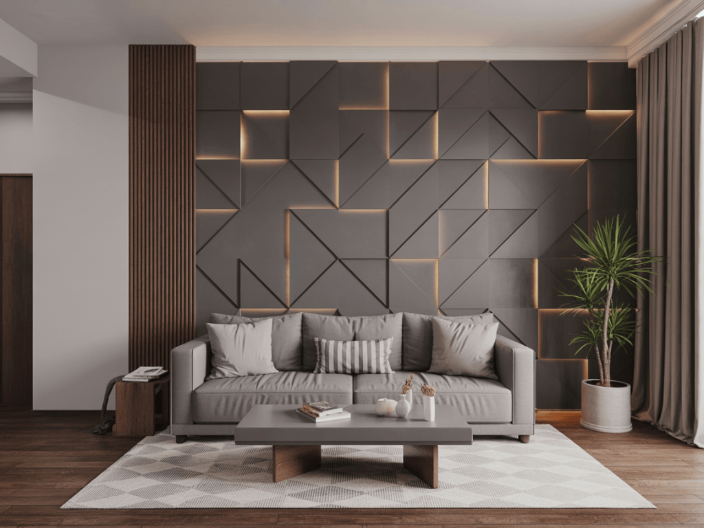 Stylish contemporary interior design living room with 3D wall panel accents