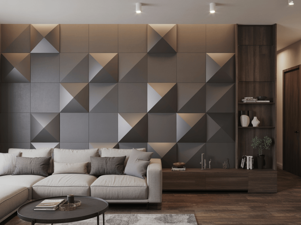 Stylish contemporary interior design living room with 3D geometric wall
