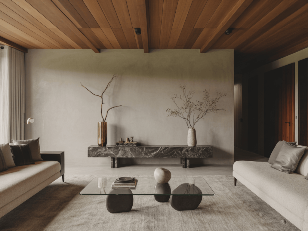 Elegant contemporary living room design with wood ceiling and neutral decor