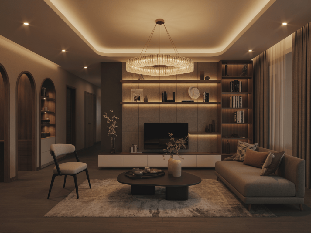 Elegant luxury contemporary living room with chandelier and warm lighting