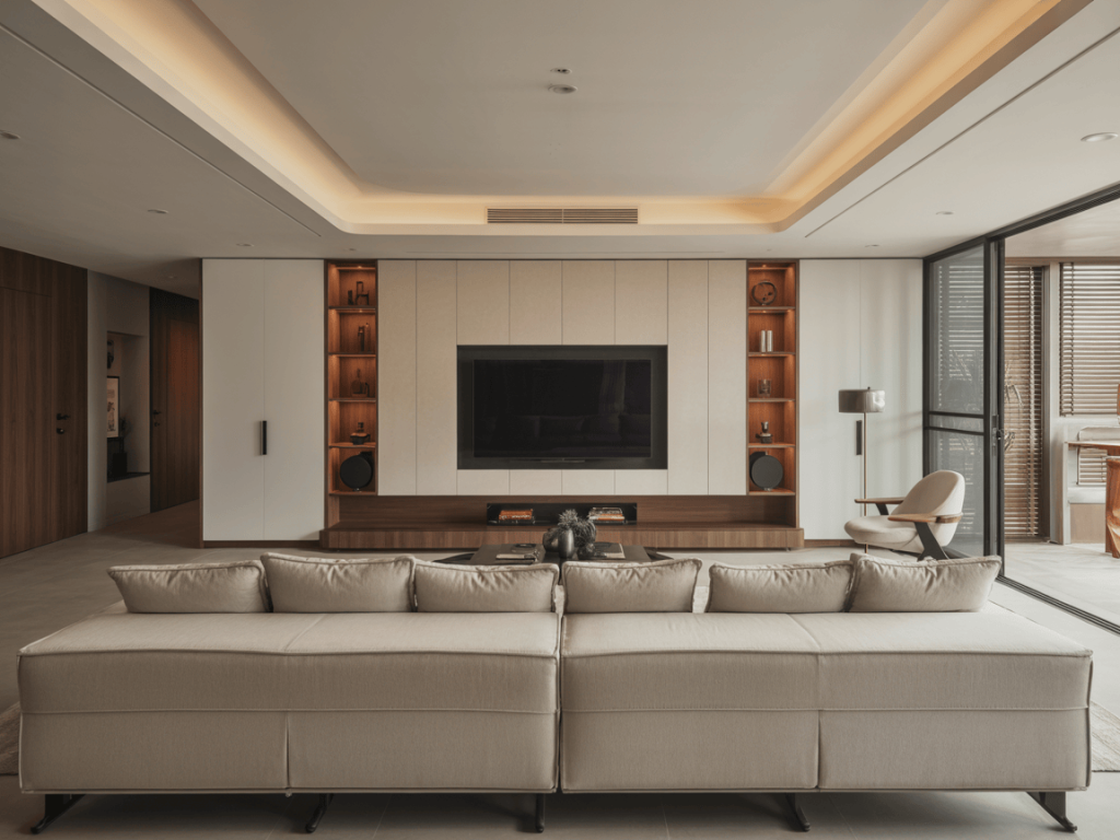 Elegant contemporary wall units for living room with modern shelves and TV setup
