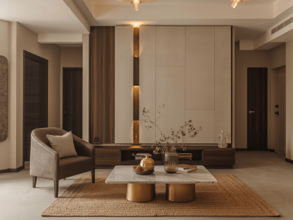 Stylish contemporary living room furniture with wood accents and marble table