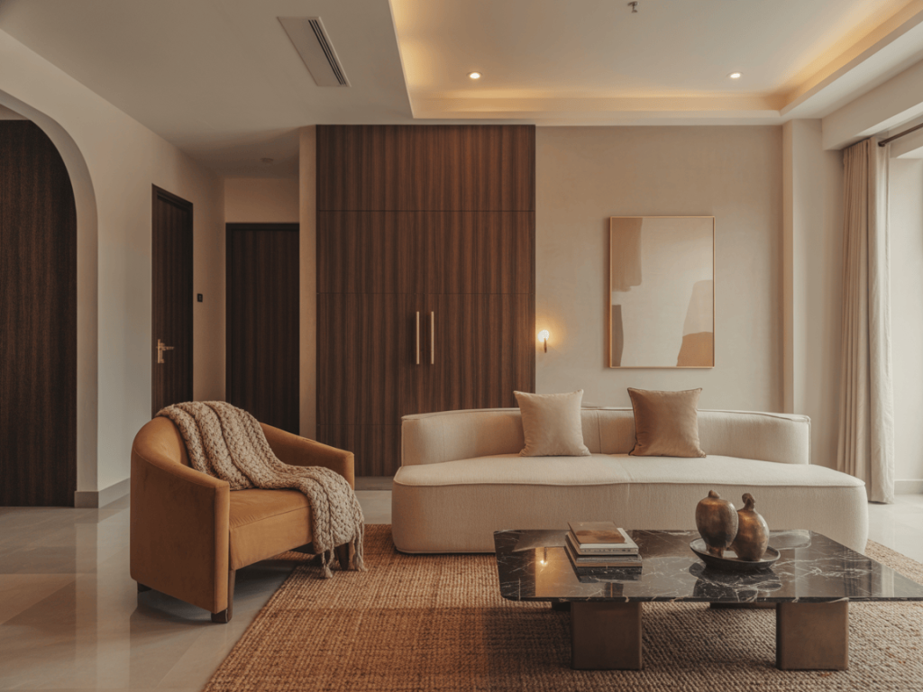 Elegant contemporary living room design with warm tones and modern furniture