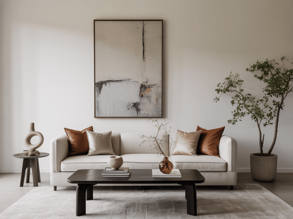 Minimalist white contemporary living room with modern sofa and decor