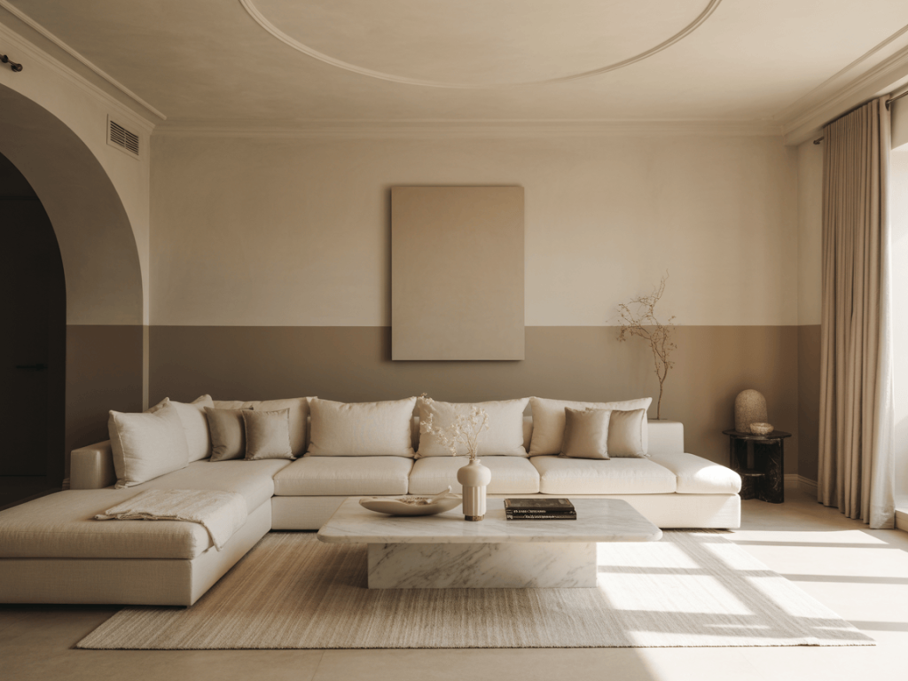 Elegant white contemporary living room with neutral decor and modern design