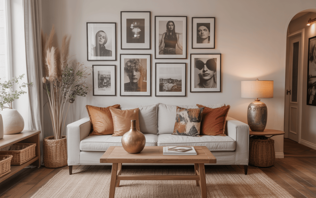 Cozy small living room decorating ideas with gallery wall and wood accents