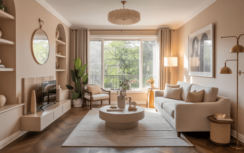 Neutral-toned small living room design with TV unit, books, and cozy sunlight