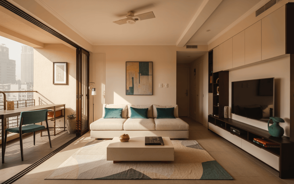 Bright small living room design with modern TV unit and L-shaped sofa layout