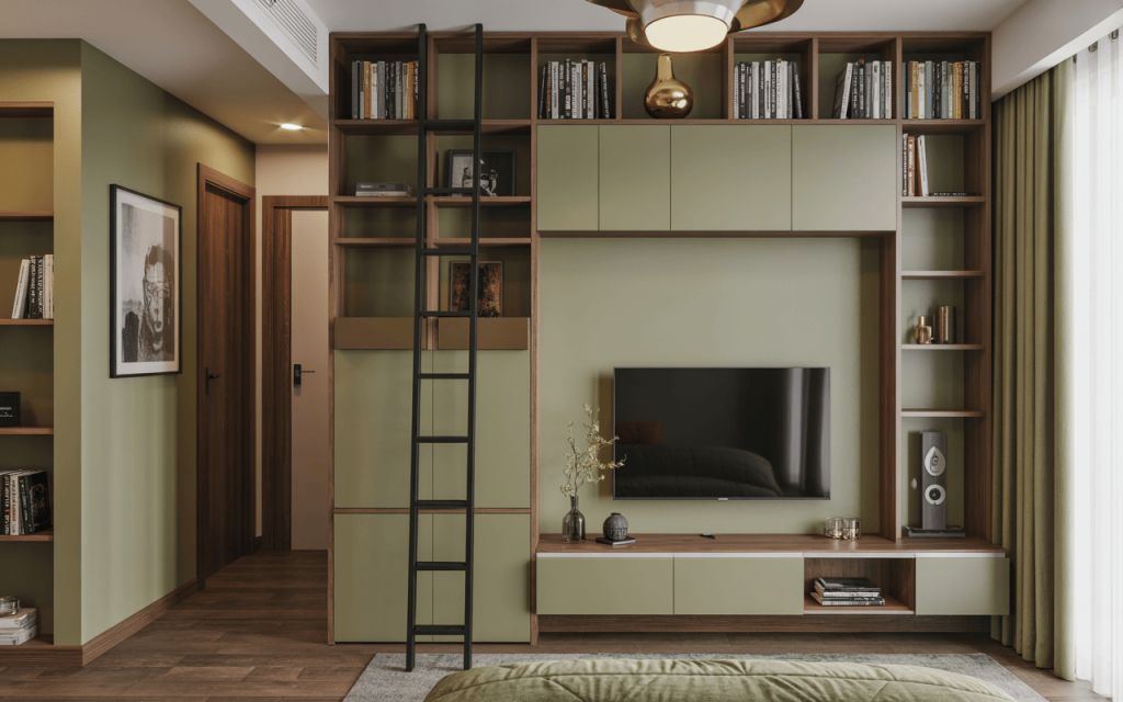Stylish small living room ideas with tv and integrated bookshelf storage unit