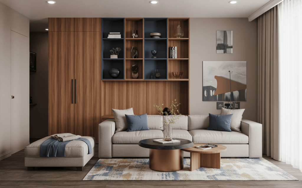 Elegant tiny living room design with built-in bookshelf and cozy sofa setup