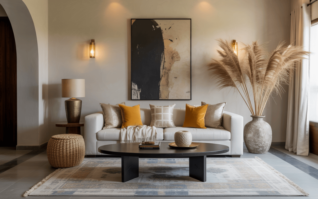 Elegant tiny living room design with modern neutral tones and warm accent lighting