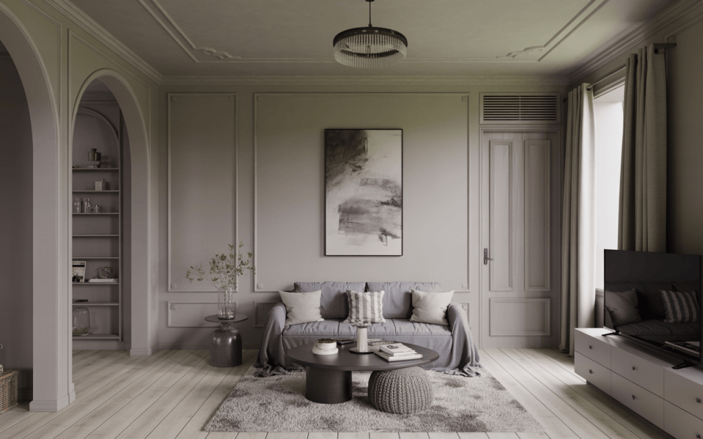 Elegant small living room interior design with neutral tones and cozy decor touches