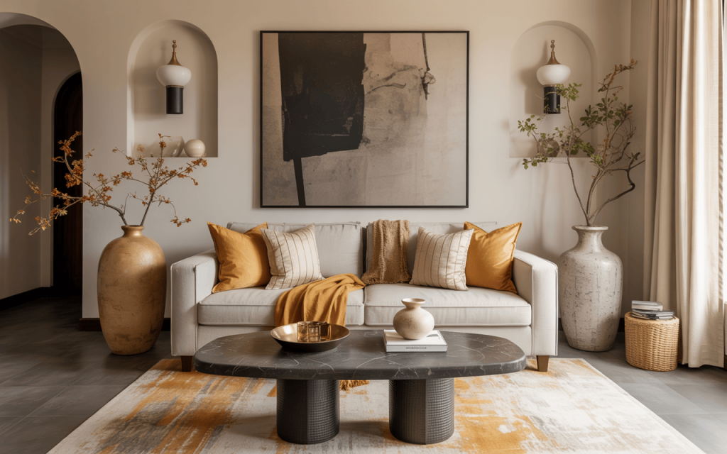 Elegant Tiny living room decorating ideas with warm accents and textured vases
