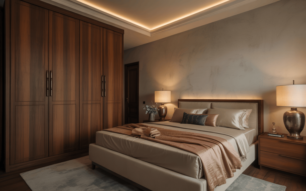 Elegant almirah design for bedroom with wooden finish and sleek tall storage unit