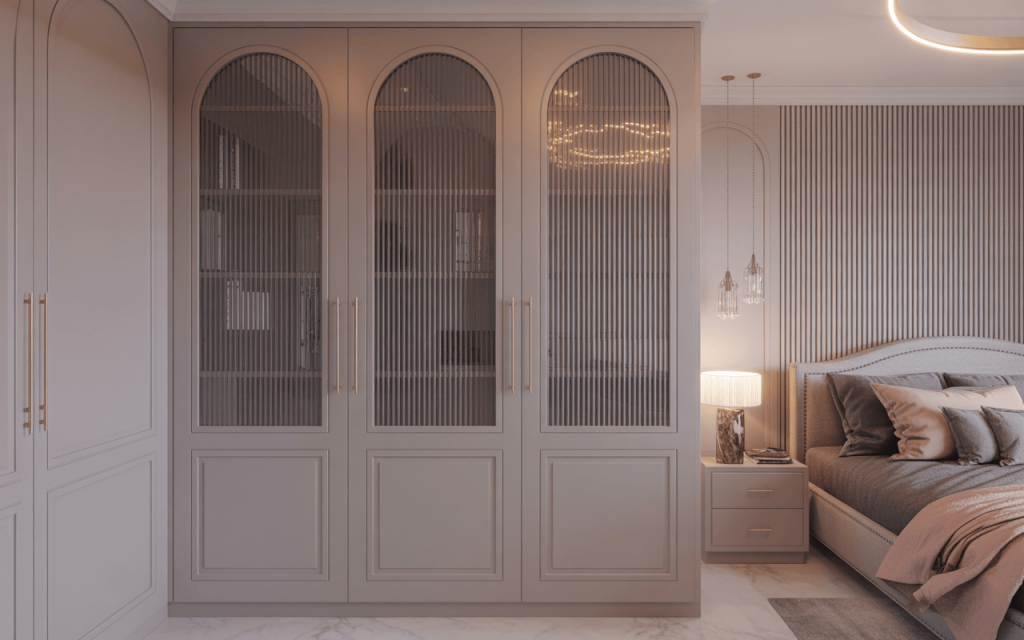 Elegant almirah design for bedroom with fluted glass panels and soft beige finish