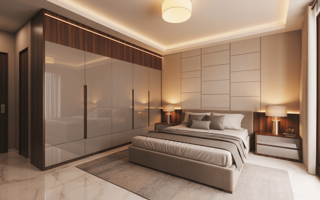 Sleek almirah new design with glossy finish and wood accents in modern bedroom