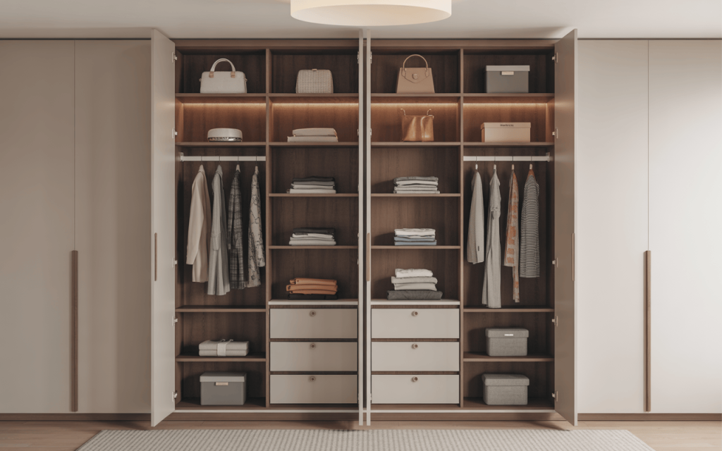 Organized almirah interior design with shelves, drawers, and hanging storage in bedroom