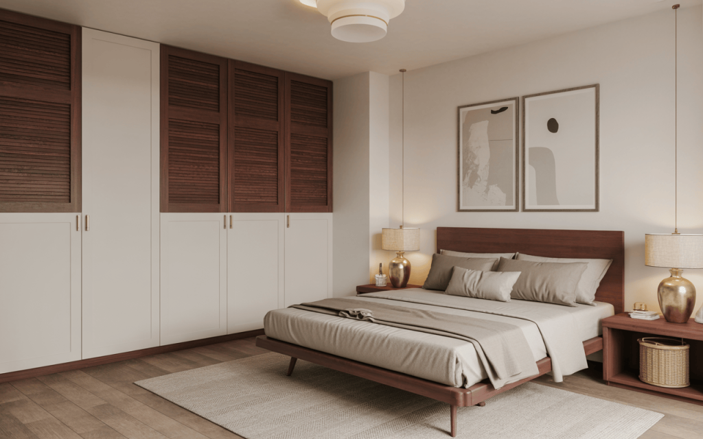 Modern latest bedroom almirah designs with dual-tone shutters in a cozy interior