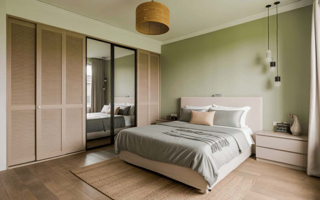 Elegant sliding almirah design with mirror shutters in a modern bedroom interior