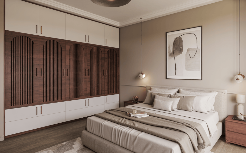 Stylish almirah design with arched wooden panels in a modern dual-tone bedroom