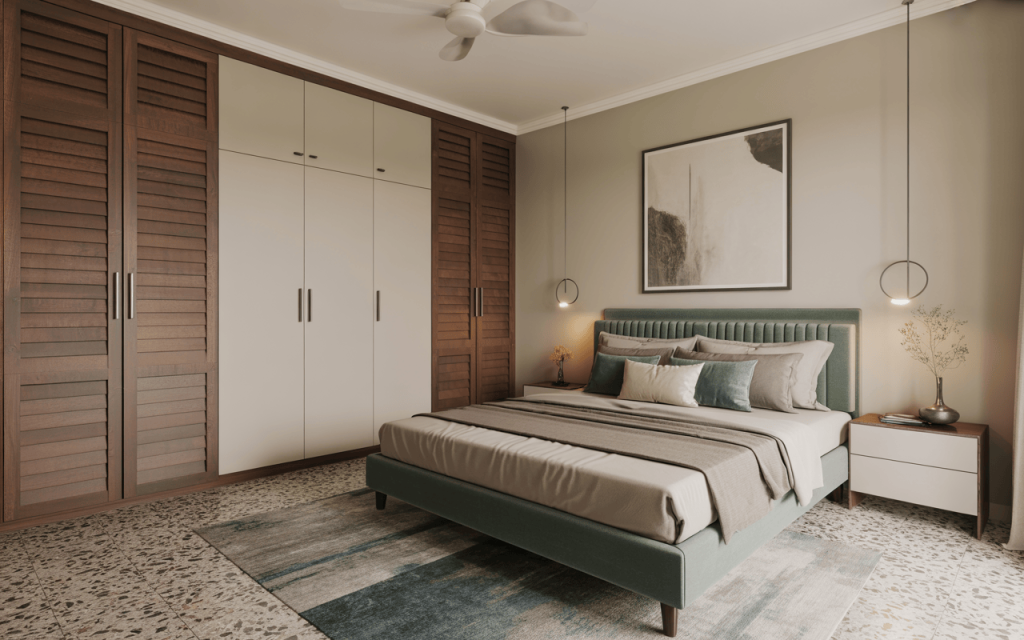 Modern wooden almirah design with dual-tone shutters in a stylish bedroom interior