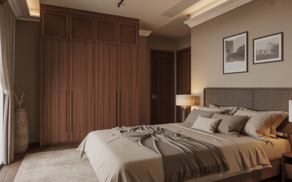 Elegant wooden almirah design with floor-to-ceiling storage in modern bedroom