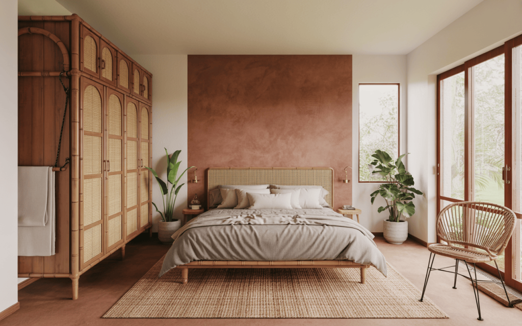 Rustic wooden almirah design with cane finish for a natural and airy bedroom look