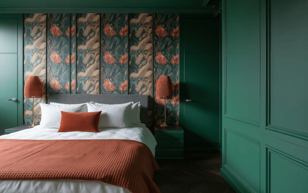 Stylish almirah wallpaper design with floral accents and integrated green wall storage