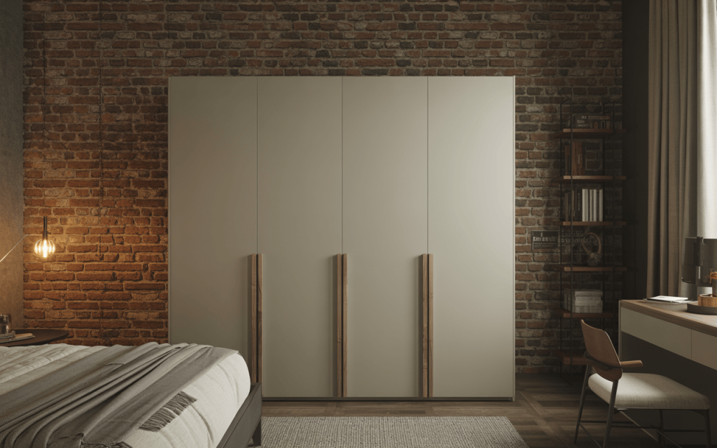 Stylish brick wall almirah design with sleek wardrobe in rustic modern bedroom decor