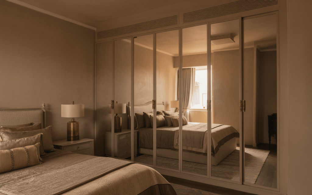 Elegant full wall almirah design with mirrored doors enhancing spacious bedroom look