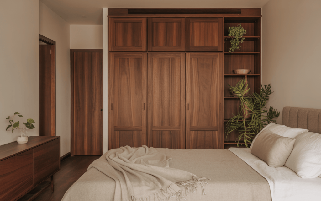 Elegant design of wooden almirah in the wall with side shelving in bedroom 