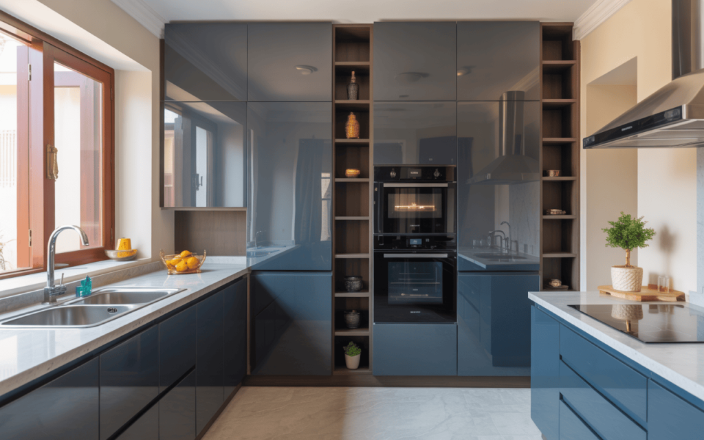 Modern kitchen wall almirah design with glossy cabinets and smart storage for sleek homes