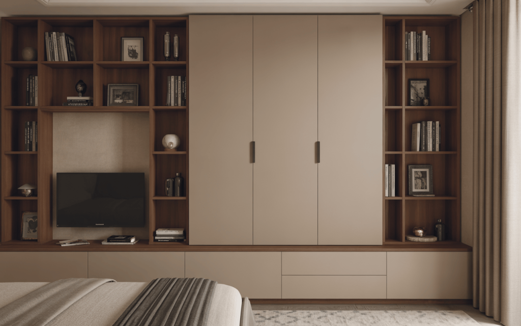 Modern full wall almirah design with bookshelf and TV unit for elegant bedrooms