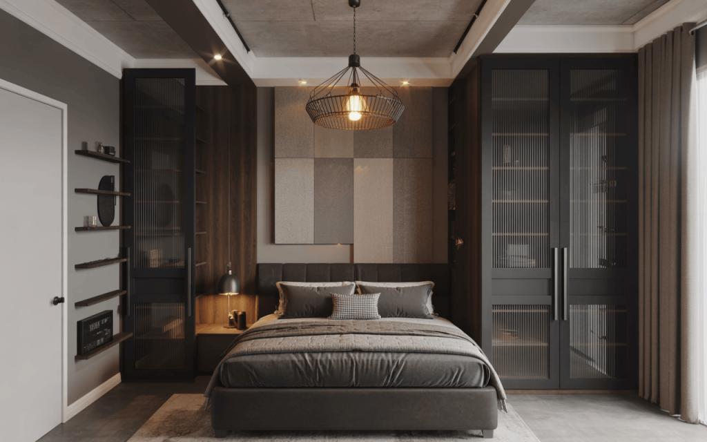 Stylish modern wall almirah design with glass doors for a luxurious bedroom look