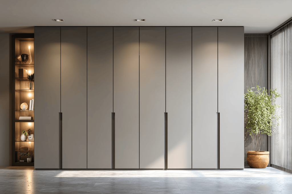 Modern full wall almirah design with sleek matte panels and hidden handles in room