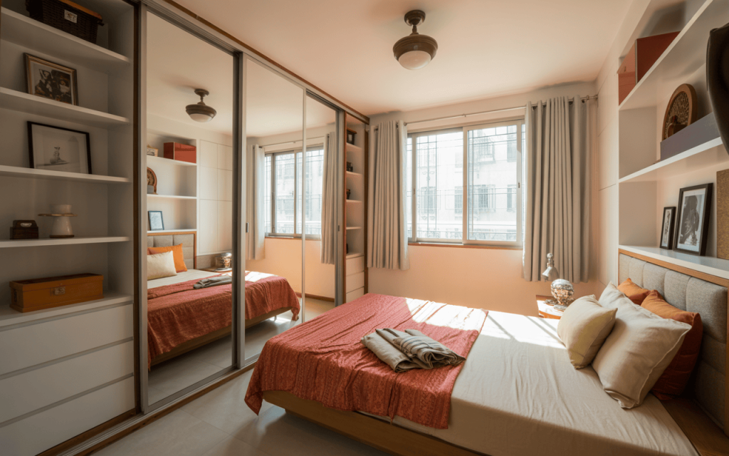 Stylish sliding almirah design with mirrored doors and shelves in compact bedroom