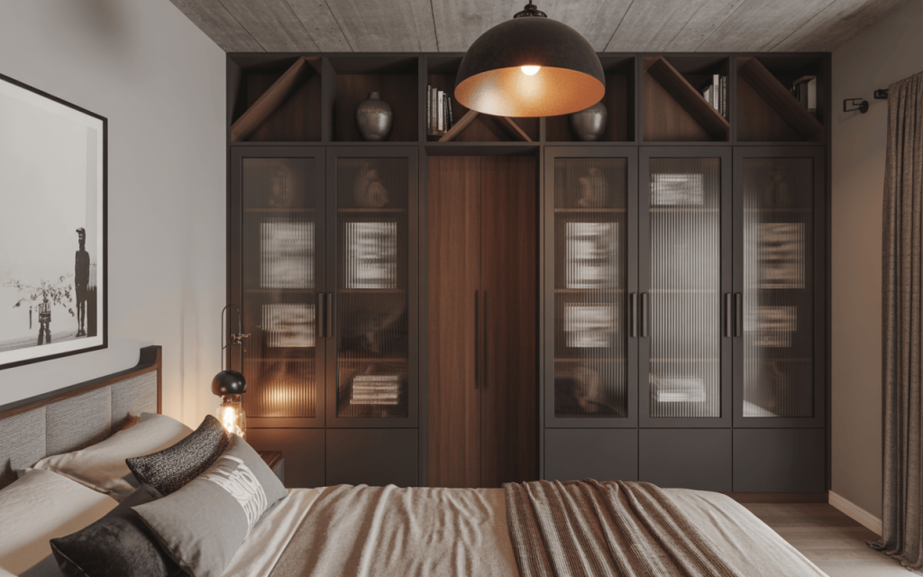 Elegant wall almirah design with glass shutters and wooden panels in bedroom interior