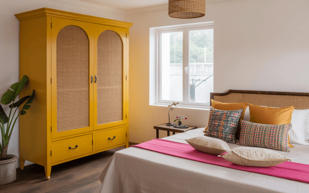 Bright iron almirah colour design with cane shutters for cheerful bedroom interiors